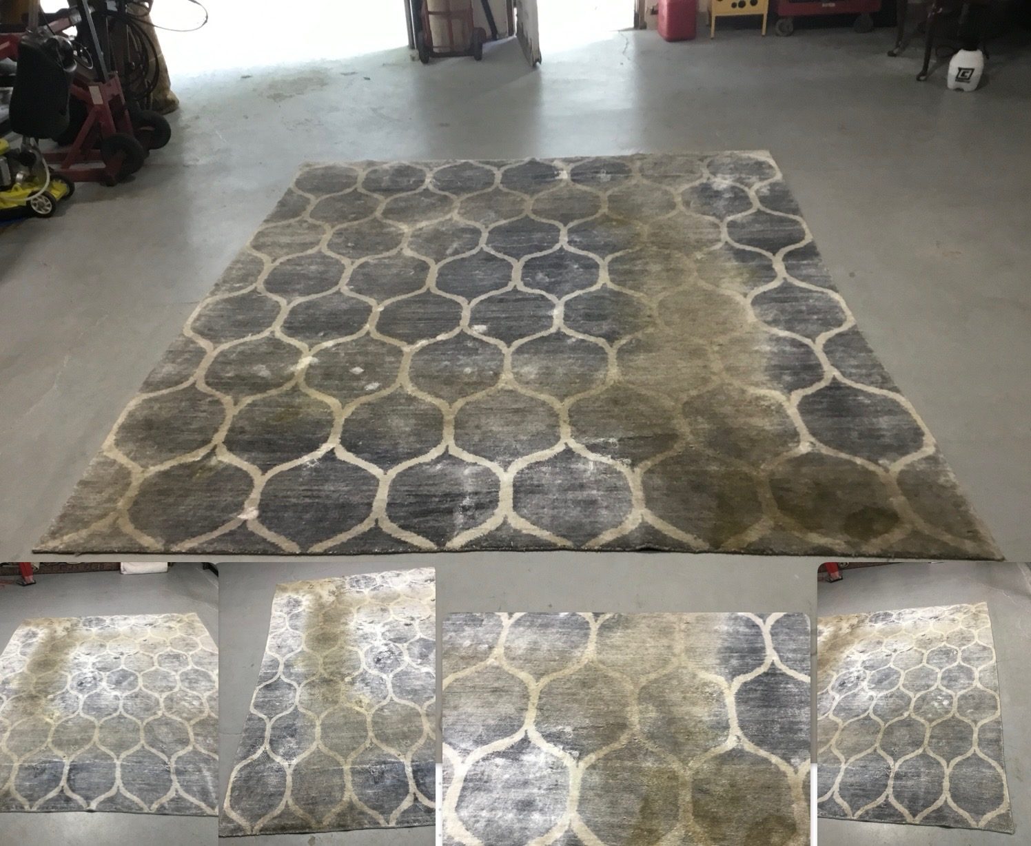 Gray and ivory trellis rug with heavy yellow staining across the field